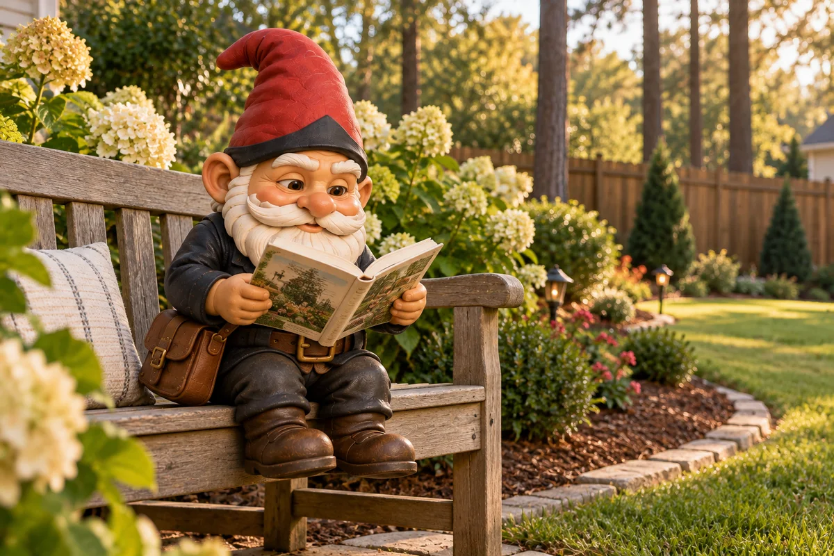 Garden gnome reading a small guidebook on a garden bench beside a flower bed