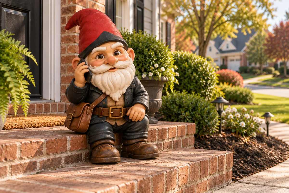 Garden gnome sitting on porch steps holding a phone to his ear, smiling