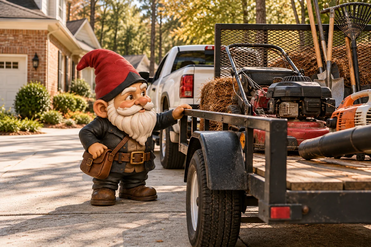 Garden gnome on a driveway beside a local landscaper's work truck and trailer loaded with tools