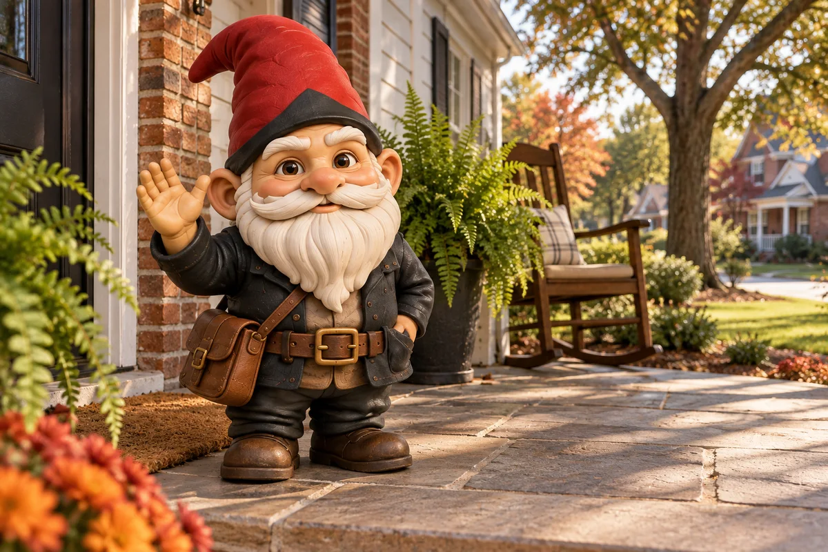 Garden gnome on the front porch of a brick home in a Cherokee County neighborhood, smiling and waving hello