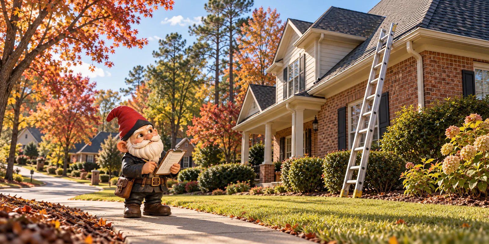 Garden gnome with a clipboard on a neighborhood sidewalk, looking up at a brick house with a ladder leaning on the roof