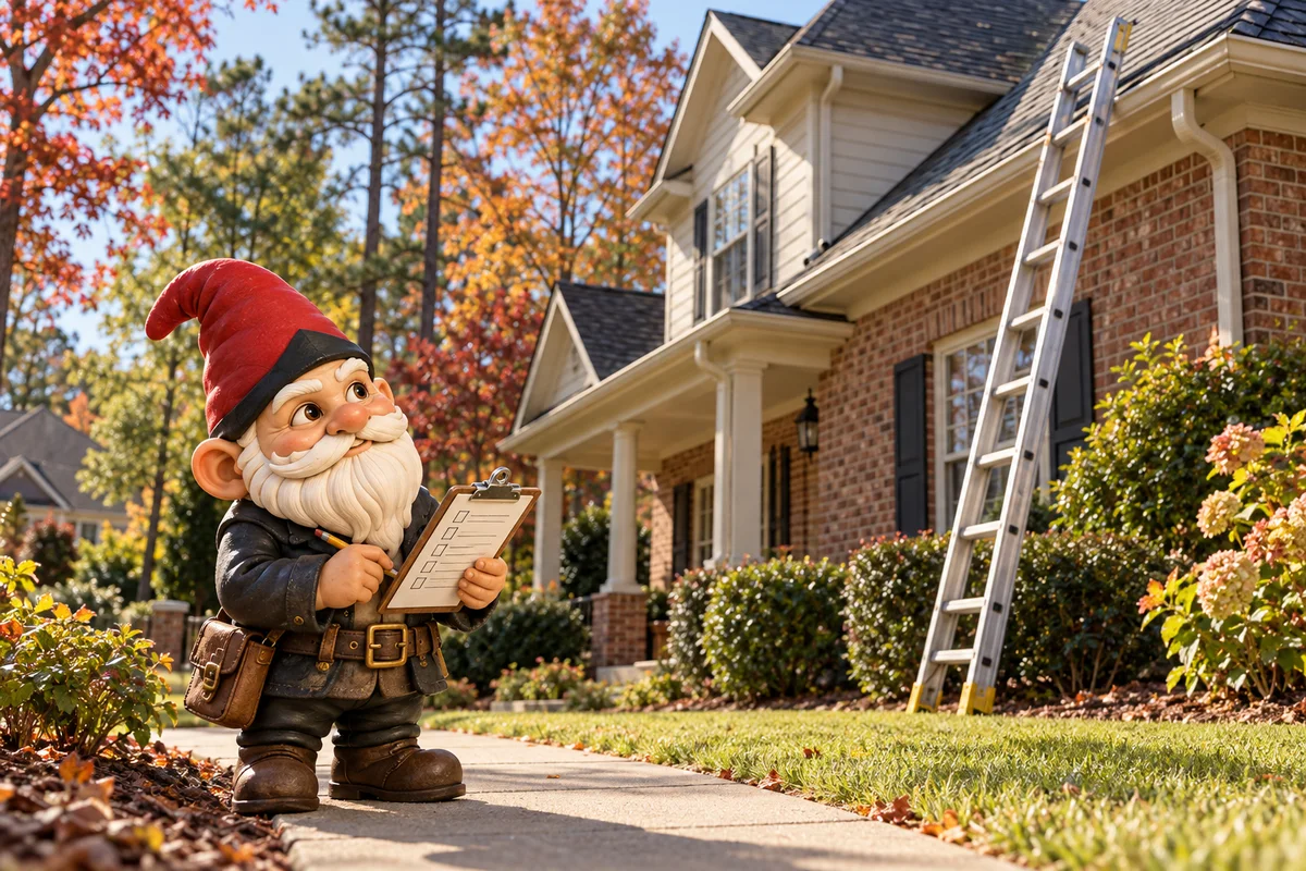 Garden gnome holding a clipboard checklist on the front walk of a brick house, with a ladder against the roof