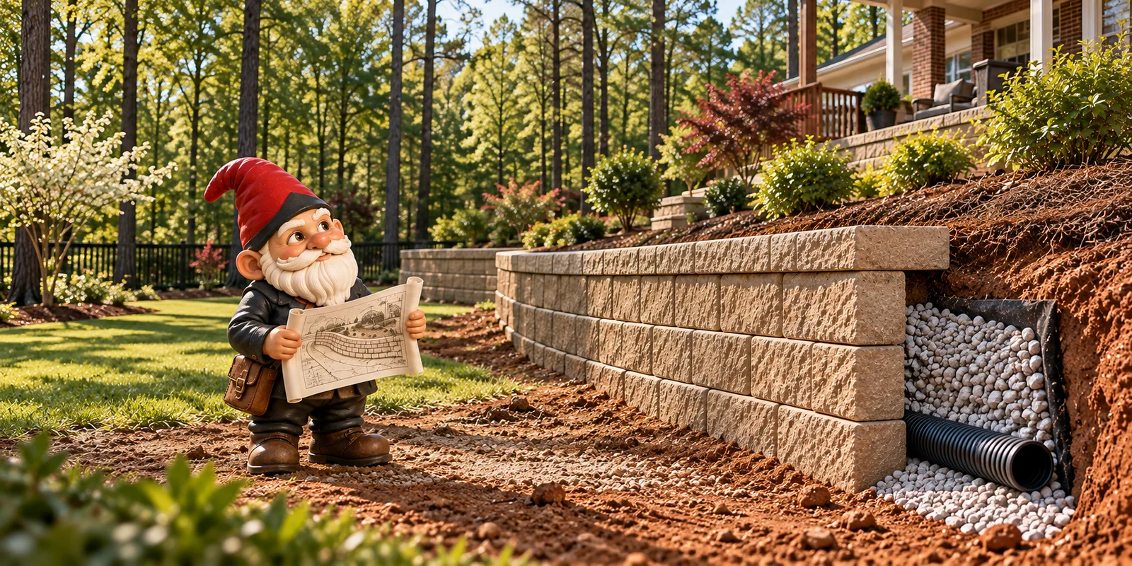 Garden gnome reading a plan in a sloped backyard beside a block retaining wall, with gravel and a drain pipe at the open end