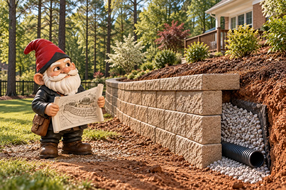 Garden gnome holding a plan beside a new block retaining wall, with gravel backfill and a drain pipe showing at its end