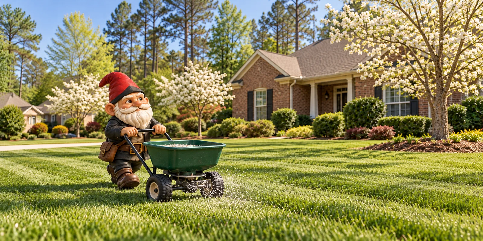 Garden gnome pushing a fertilizer spreader across a striped lawn, with flowering dogwoods and a brick house behind