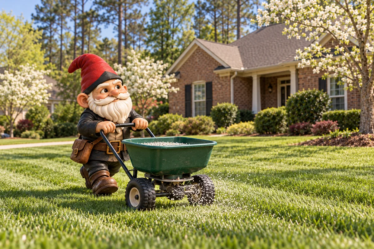 Garden gnome pushing a fertilizer spreader across a freshly mowed lawn in front of a brick ranch house