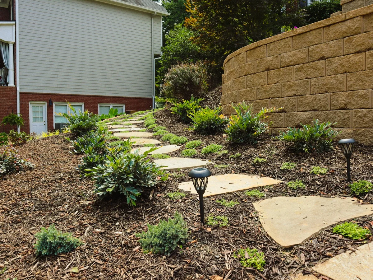 Stepping-stone path through new planting beds beside a curved block retaining wall